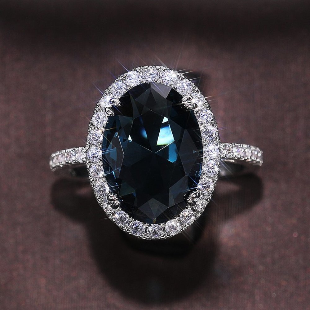 😍Noble Hollow Anillos Super Large Oval Pure Royal Blue CZ Silver Ring, L263 - Picture 6 of 9